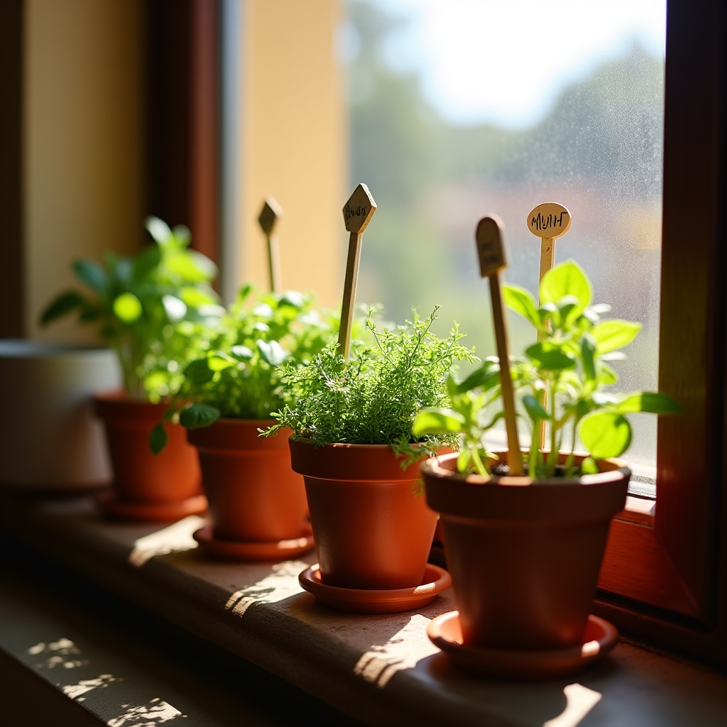 Piante aromatiche su davanzale soleggiato in appartamento urbano
