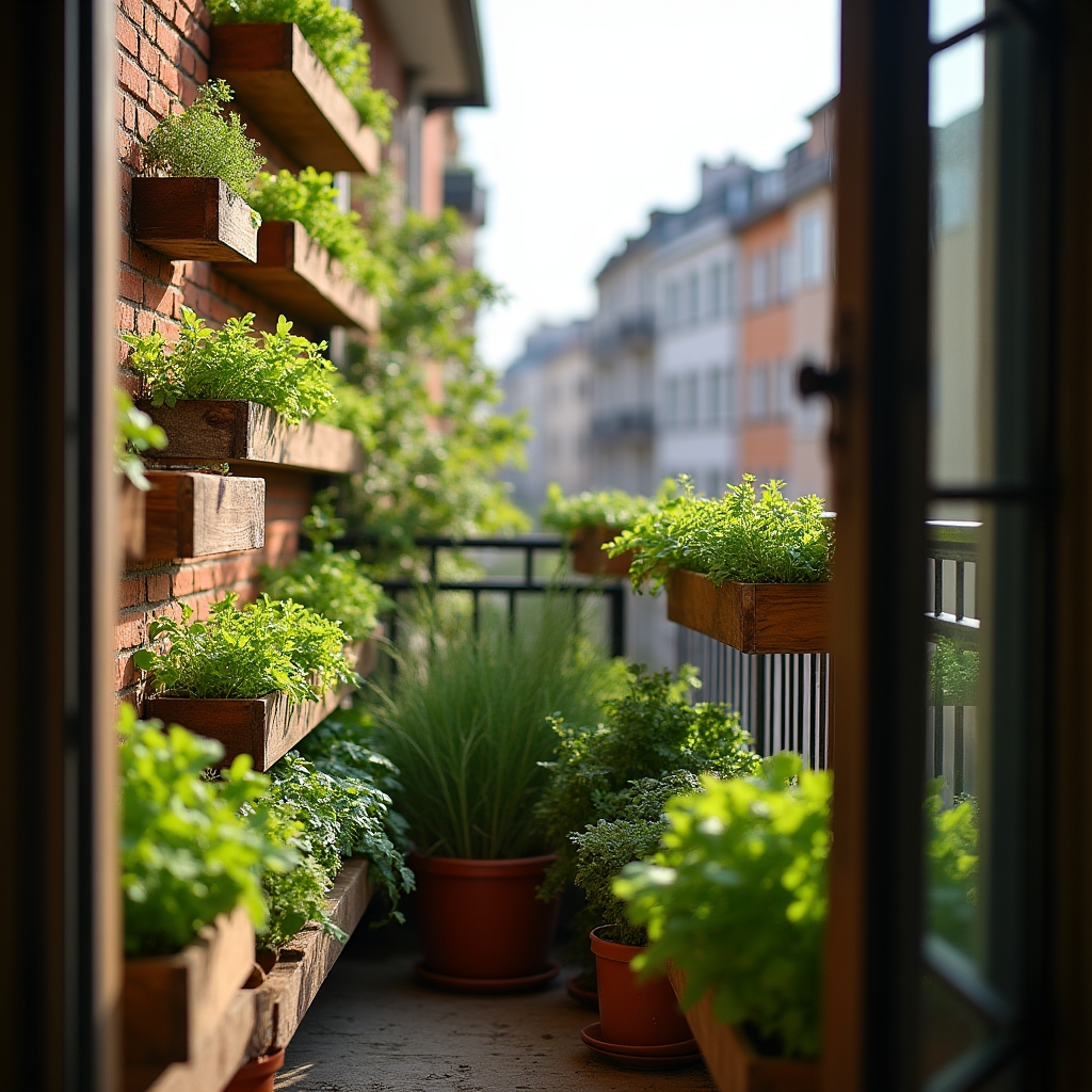 Piccolo balcone trasformato in orto urbano con cassette e vasi