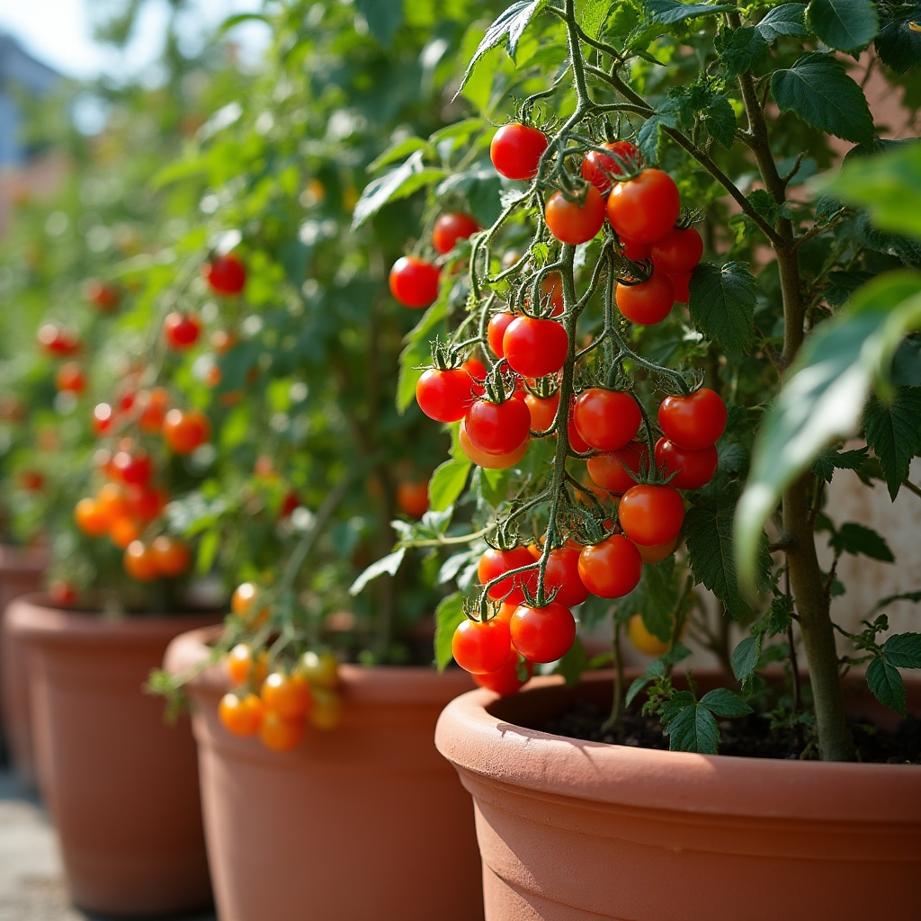 Pomodori ciliegini che crescono in contenitori su terrazza